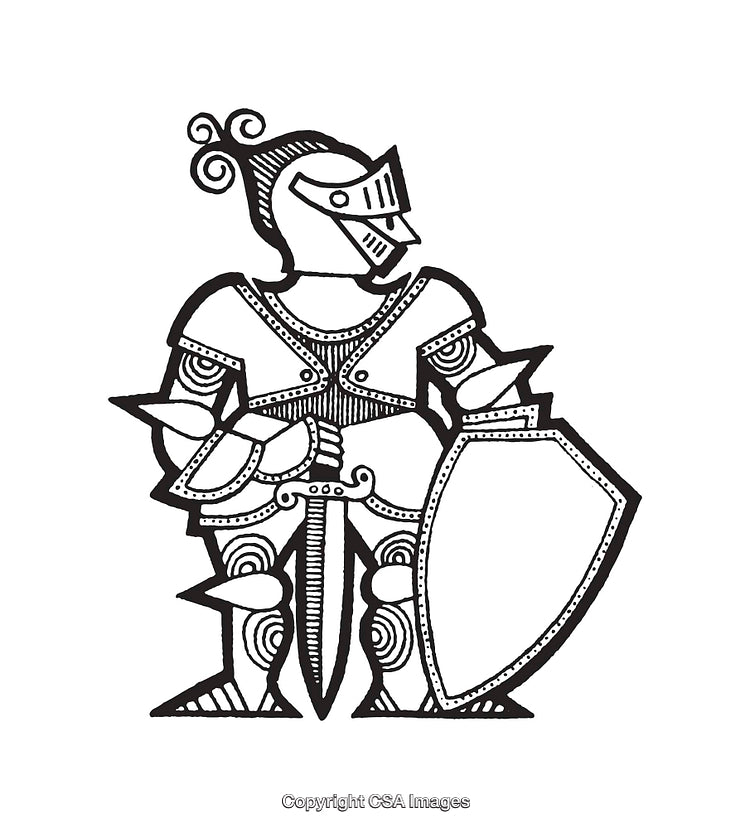 Intricate Black and White Line Art Illustration of a Knight in Armor