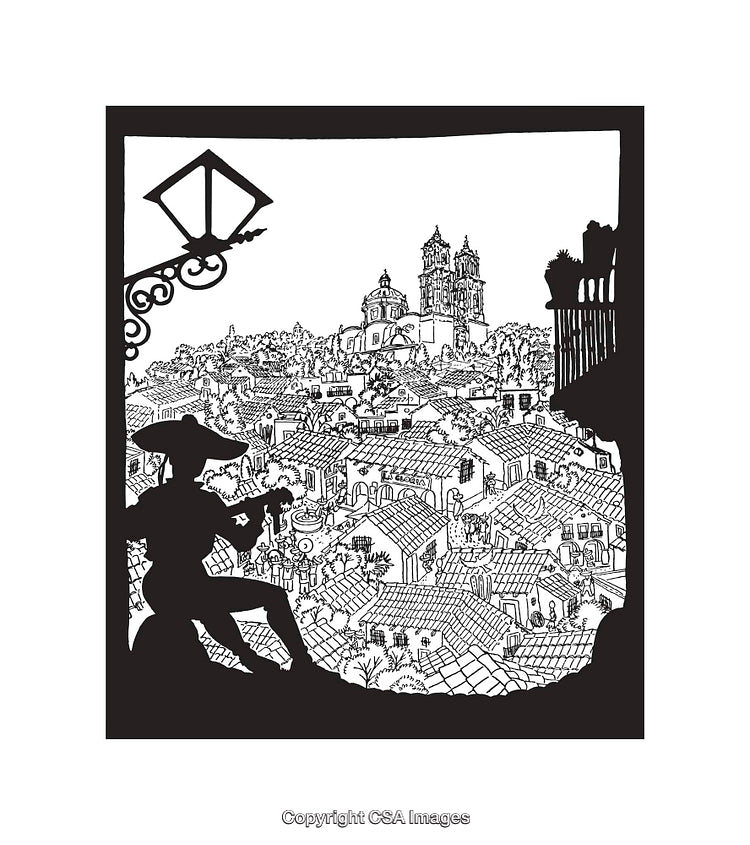 Black and White Illustration of a Cityscape with Intricate Details
