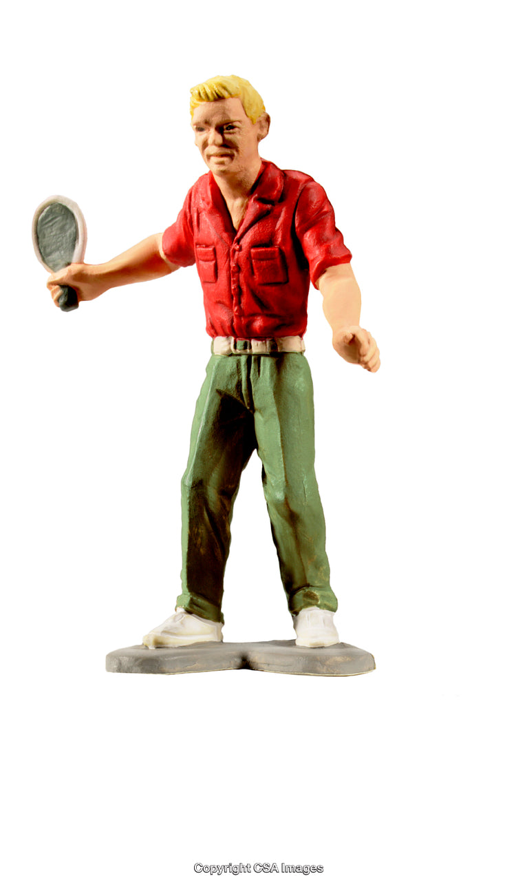 Plastic Figurine Holding a Toy Racket in Red Shirt and Green Pants