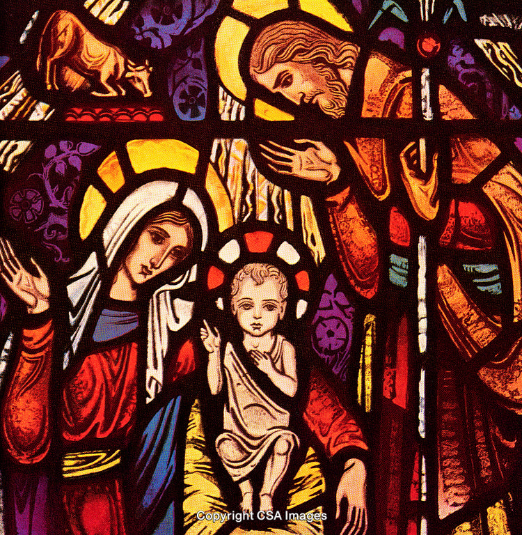 Religious Stained Glass Depicting Nativity Scene with Mary Joseph and Baby Jesus