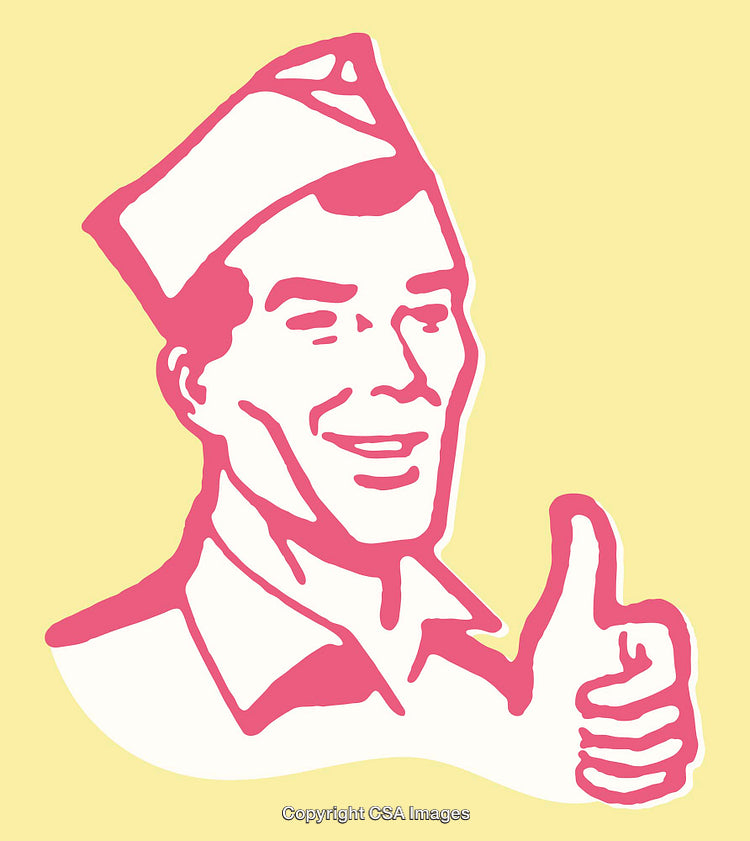 Retro Line Art Illustration of Smiling Man Giving a Thumbs-Up Gesture