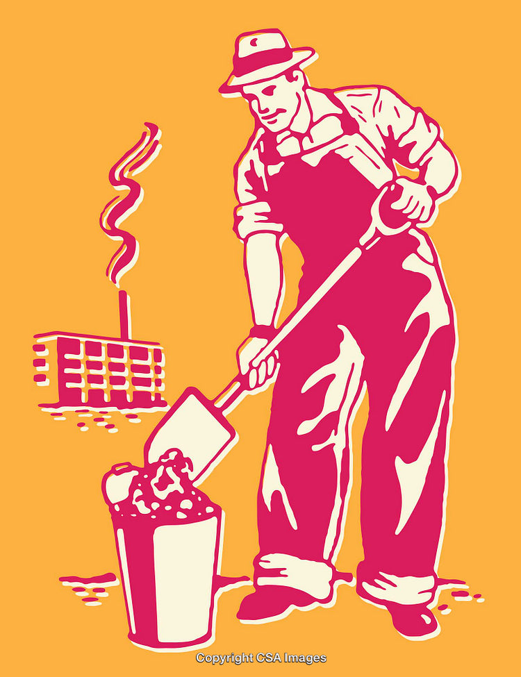 Vintage Worker Shoveling in Industrial Stylized Line Art on Bright Backdrop