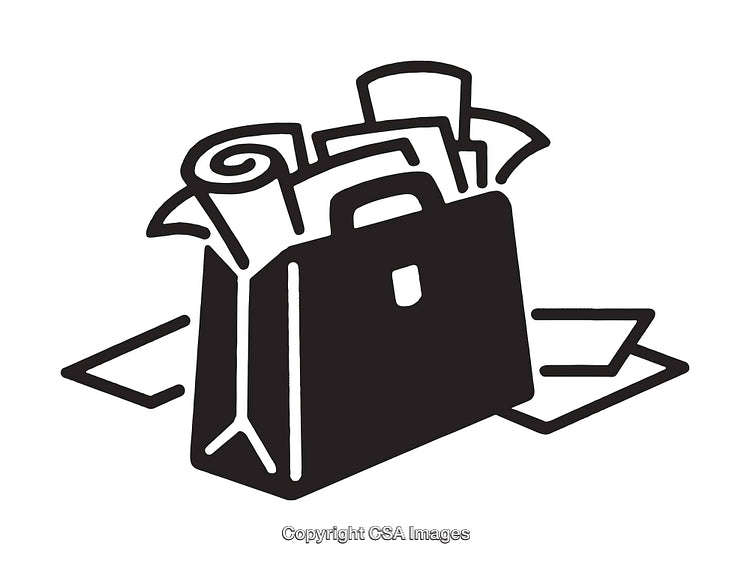 Black and White Line Art of a Briefcase with Paper Contents