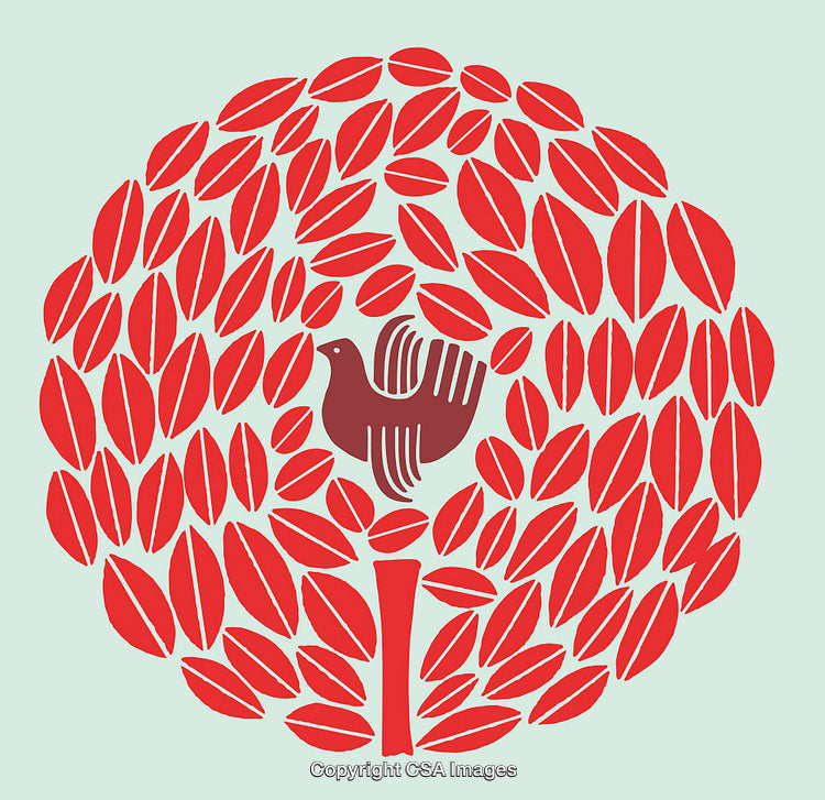Abstract Illustration of a Bird Among Leaves in a Circular Composition