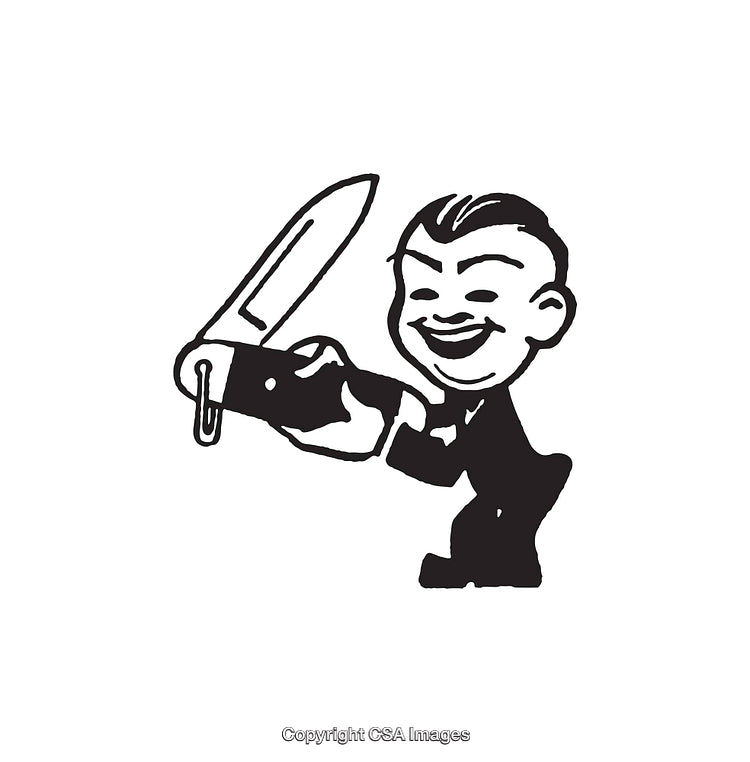Vintage Black And White Illustration of a Cartoon Character with Chainsaw