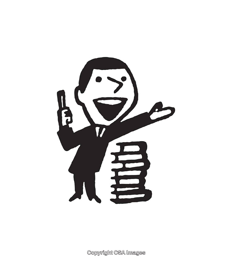 Black and White Line Art of Enthusiastic Businessman with Books