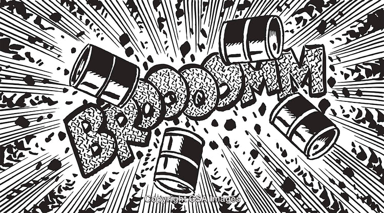 Dynamic Comic Book Style Explosion with Barrels and Bold Effects