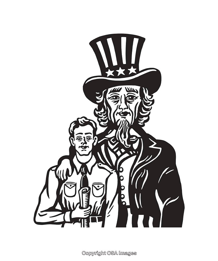 Classic Black and White Patriotic Artwork Depicting Figures in American Imagery