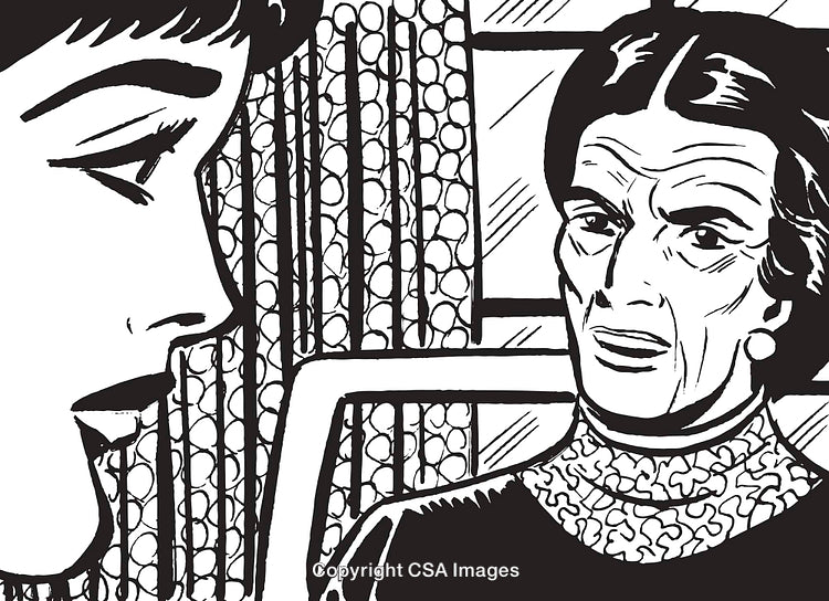 Retro Illustrative Art of Women Conversing in Black and White Line Drawing