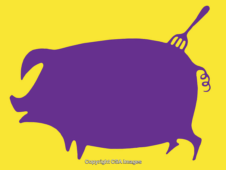 Purple Pig Outline with Fork on a Vibrant Yellow Background