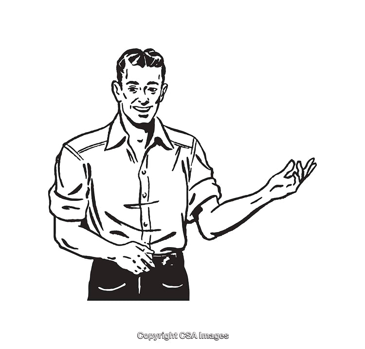 Vintage Illustration of a Smiling Man in Black and White Line Art