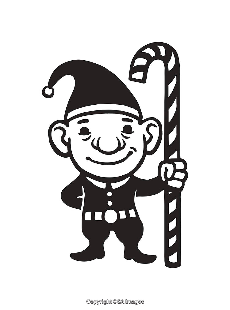 Festive Elf Holding Candy Cane in Black and White Line Art