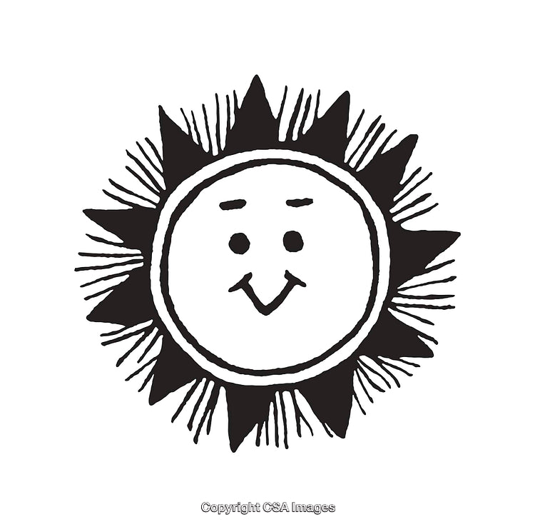 Smiling Sun Illustration in Black and White Line Art Style
