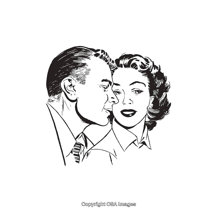 Retro Black and White Art of a Couple Sharing an Intimate Moment