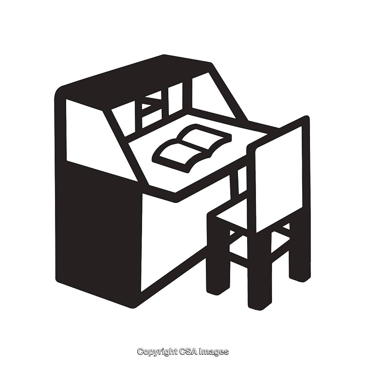 Black And White Illustration of a Desk with an Open Book