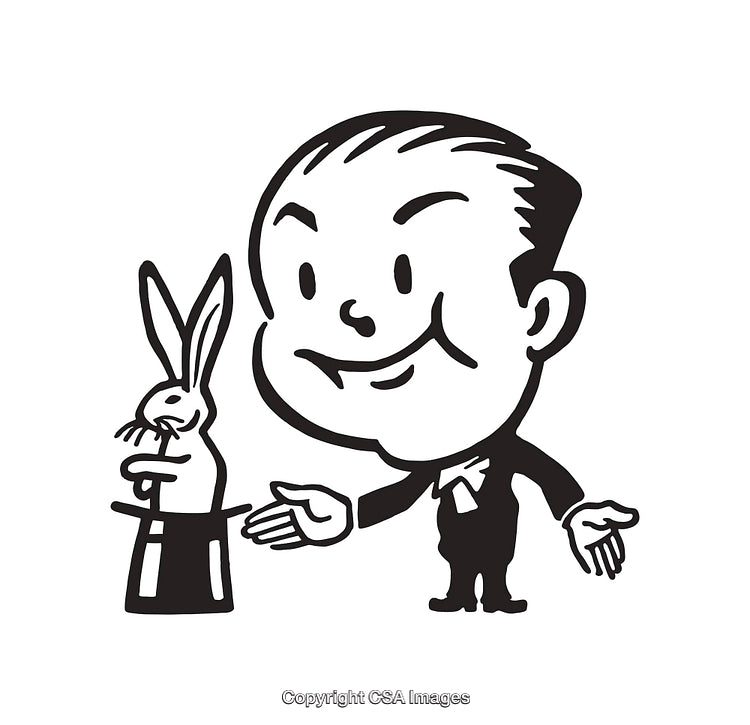 Vintage Black and White Illustration of a Magician With Rabbit and Top Hat