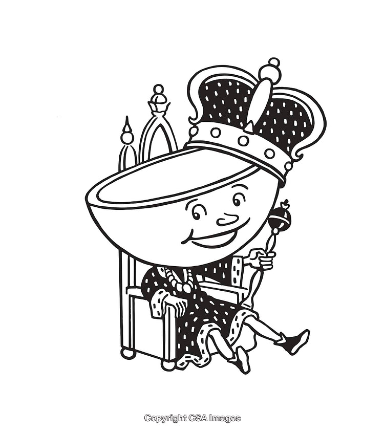 Charming King Bowl Cartoon Line Art Illustration on Throne