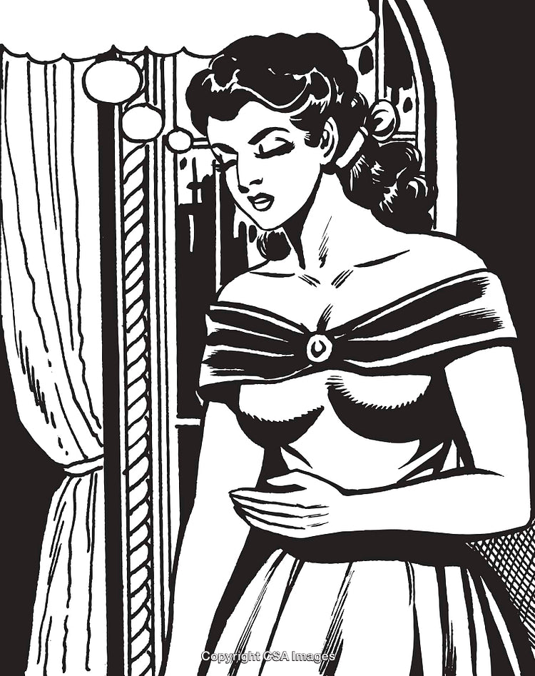 Vintage Illustration of a Woman in a Classic Dress Near a Window