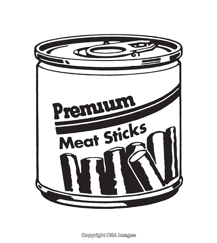 Black and White Line Art of Meat Sticks in a Can