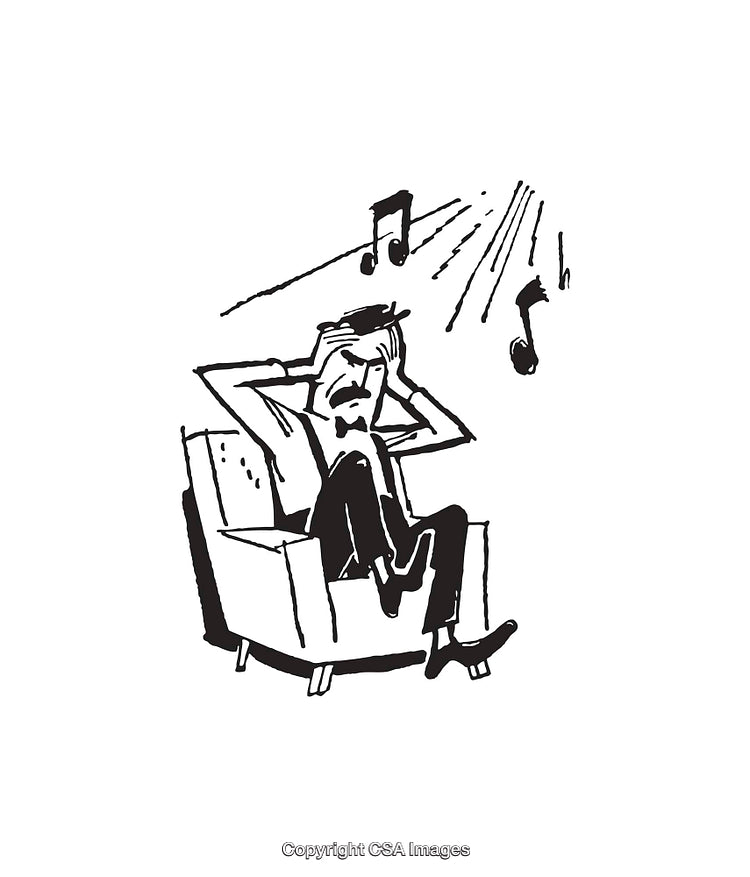 Black and White Illustration of Man Covering His Ears From Noise