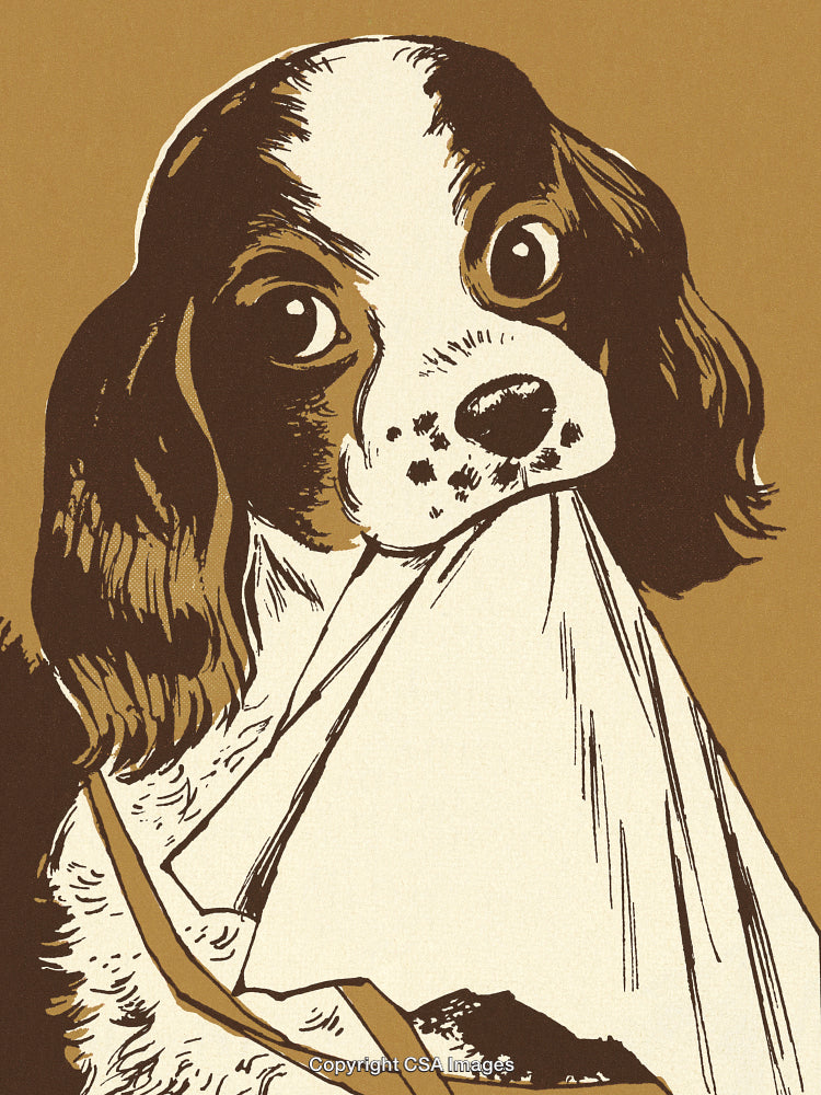 Vintage Illustration of a Dog Holding a Handkerchief, Retro Art Style