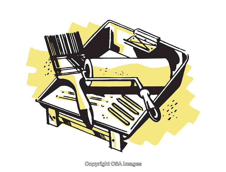 Illustration of Painting Tools with Brush, Roller, and Tray