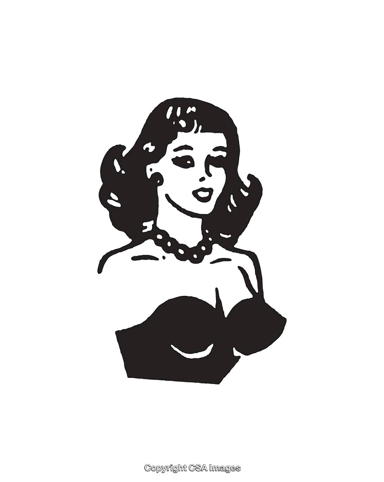 Retro Black and White Line Art of a Woman with Jewelry