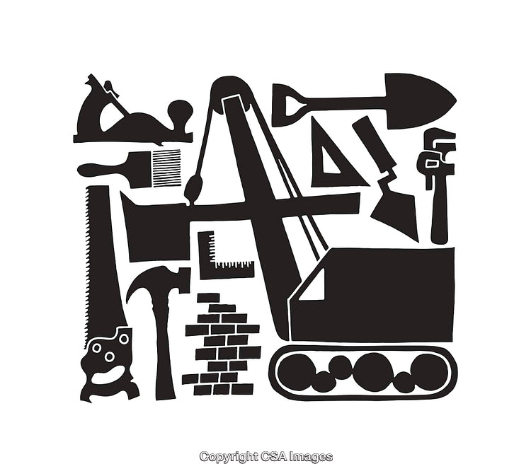 Black and White Line Art of Various Construction Tools and Equipment