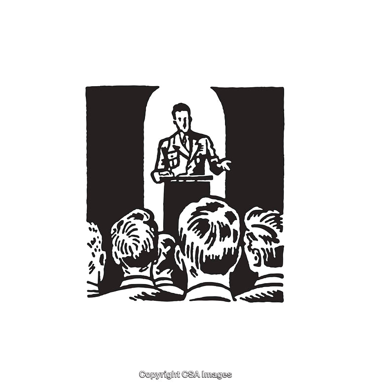 Monochrome Line Art Illustration of a Speaker Addressing an Audience