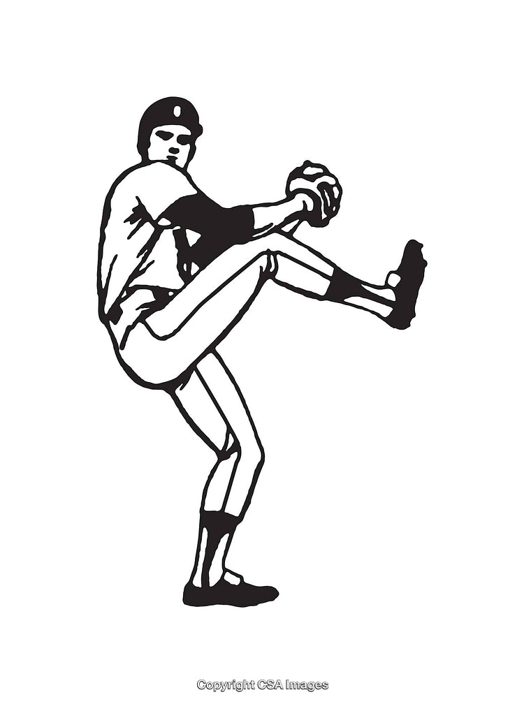 Black and White Line Drawing of a Baseball Pitcher in Action