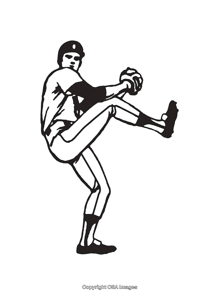 Black and White Line Drawing of a Baseball Pitcher in Action