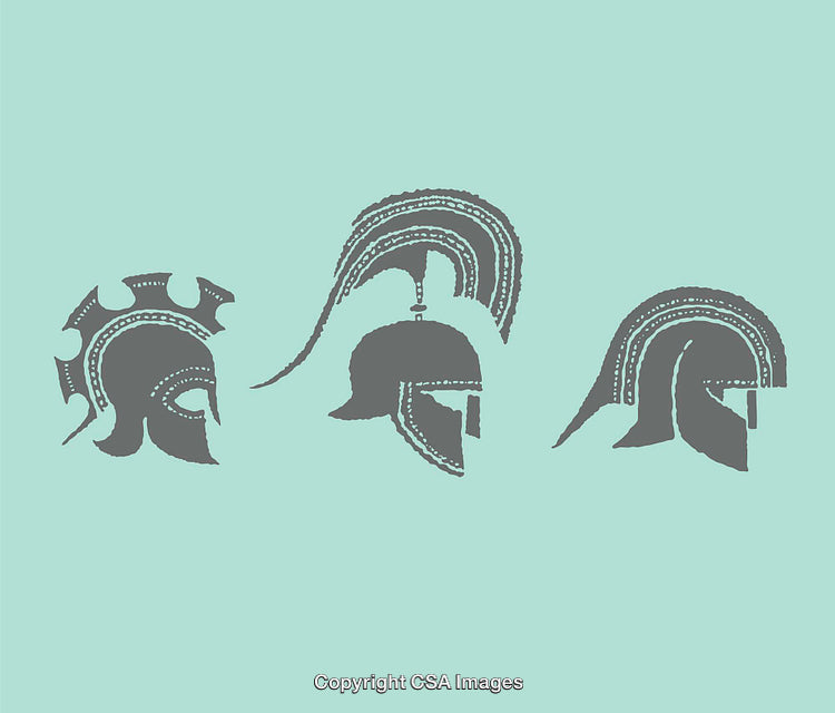 Ancient Greek Helmets Line Art Illustrations on Light Background