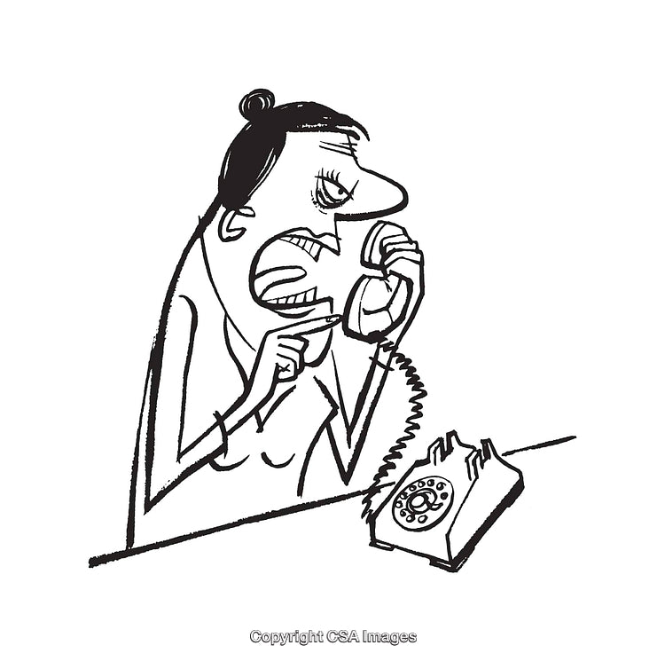 Cartoon Illustration of Woman Yelling Into a Vintage Rotary Telephone