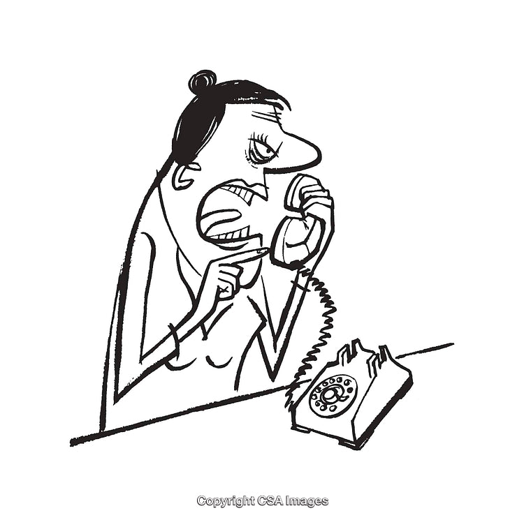 Cartoon Illustration of Woman Yelling Into a Vintage Rotary Telephone