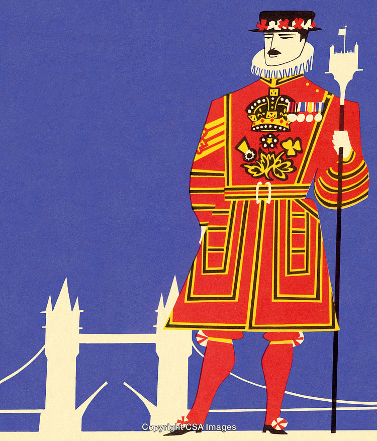 Illustration of a Beefeater Guard Standing With Tower Bridge in London