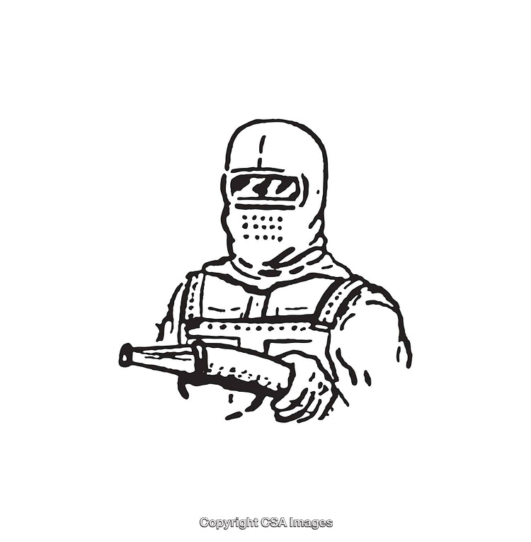 Black And White Line Art of Armed Individual in Protective Gear