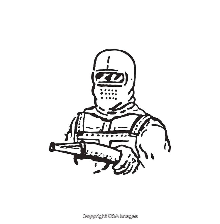 Black And White Line Art of Armed Individual in Protective Gear