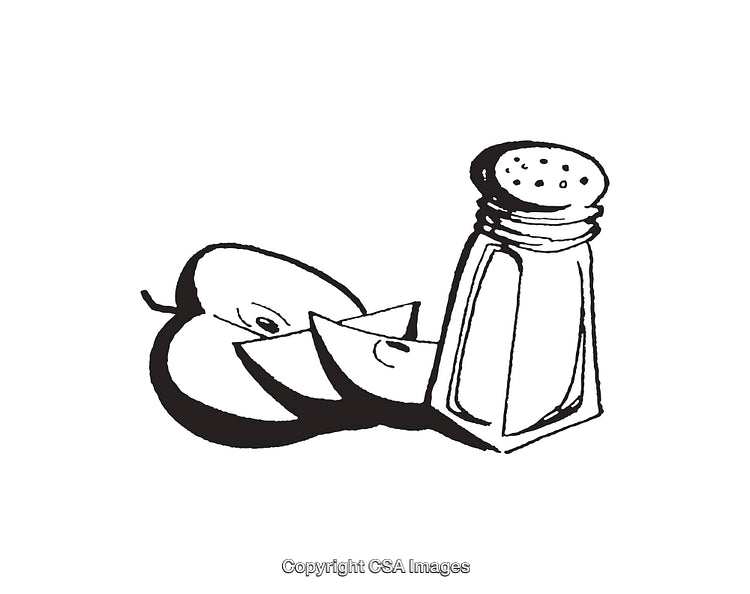 Black and White Line Art of an Apple and Salt Shaker