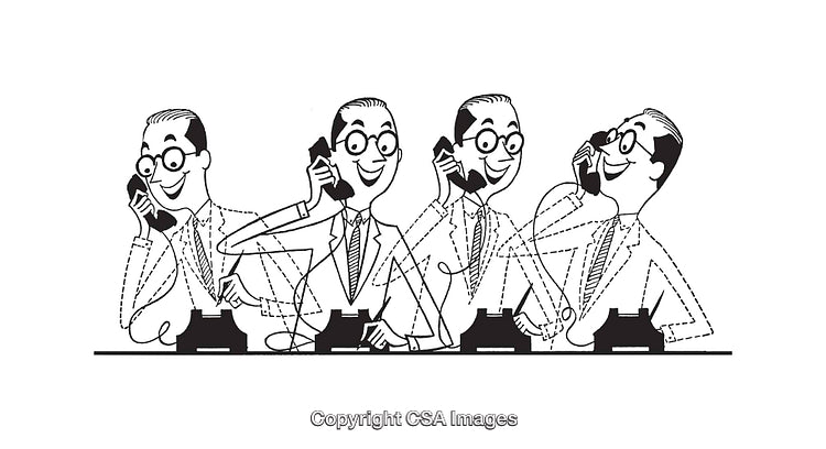 Illustration of Businessmen Using Telephones in a High Activity Office Scene