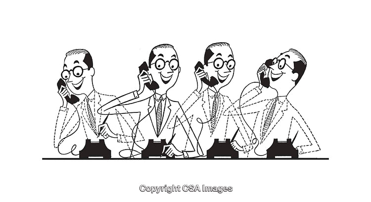 Illustration of Businessmen Using Telephones in a High Activity Office Scene