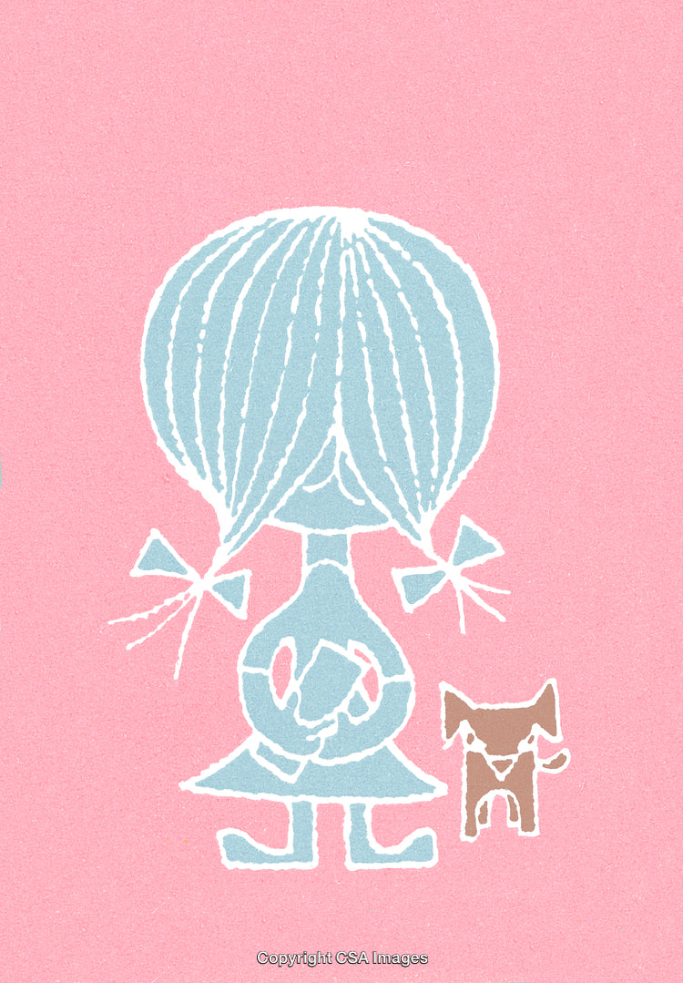 Charming Illustration of a Girl with a Pet Dog on Soft Pink Background