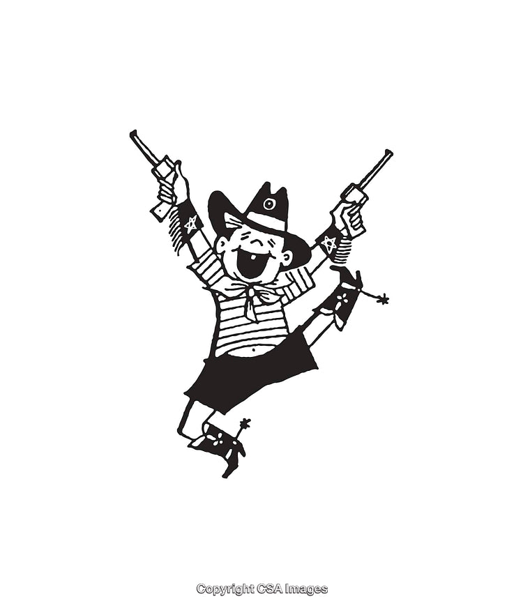 Playful Cowboy Line Art Illustration Holding Two Pistols