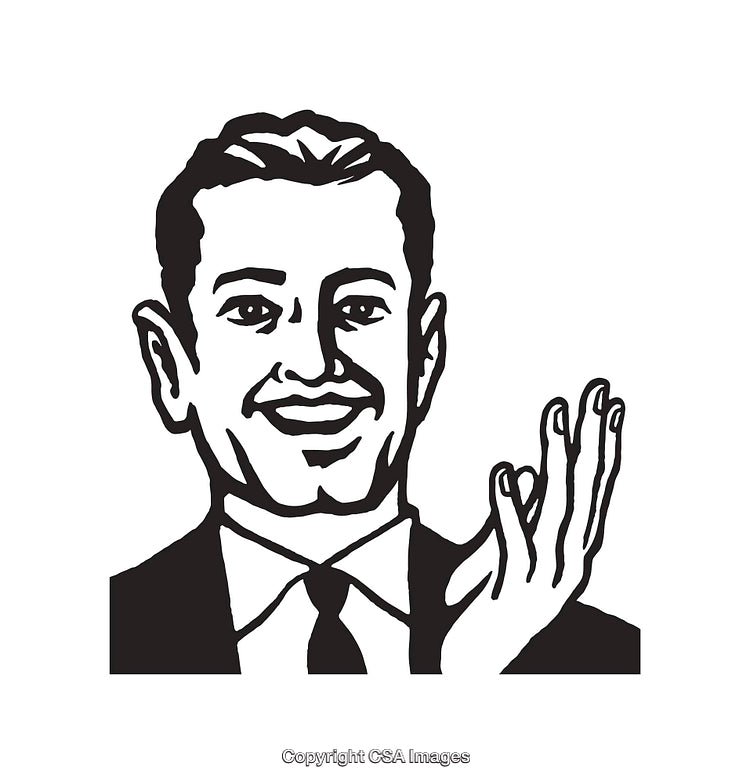 Black And White Line Art of a Smiling Businessperson Gesturing