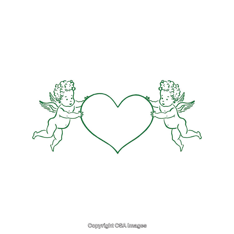 Green Line Art Design Featuring Cherubs Holding a Heart Shape