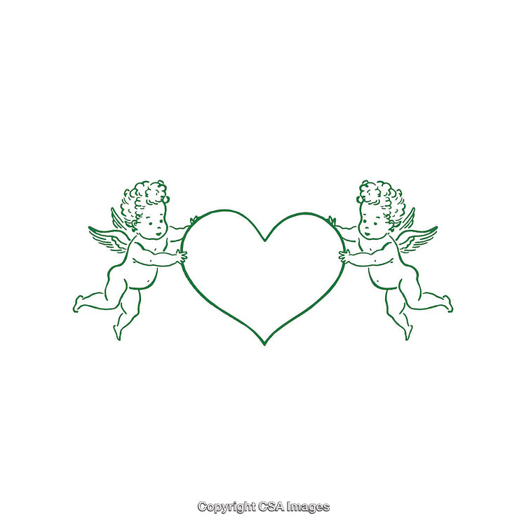 Green Line Art Design Featuring Cherubs Holding a Heart Shape