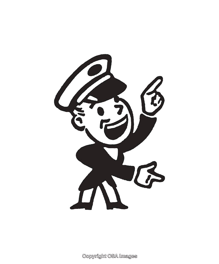 Cheerful Cartoon Character Wearing Hat Pointing in Black and White Line Art