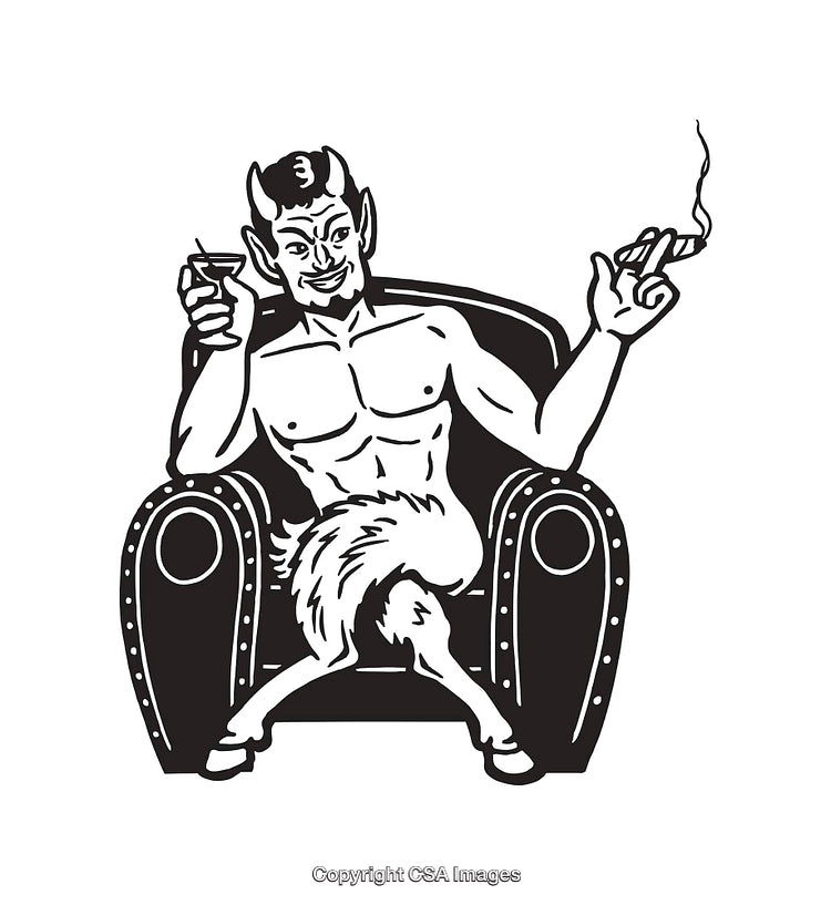 Black and White Line Art Illustration of Satyr Relaxing in Armchair