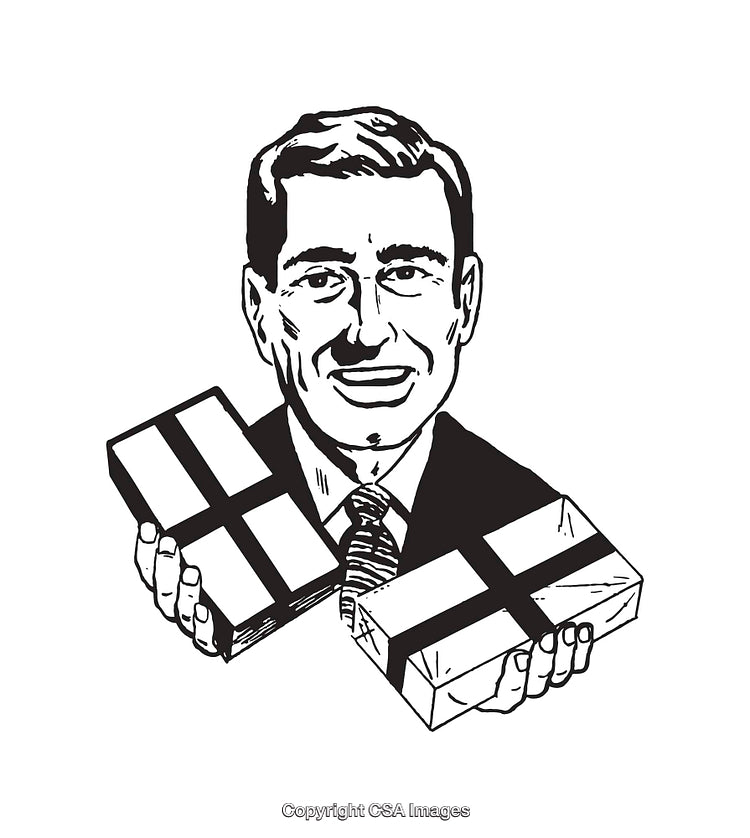 Retro Style Black And White Illustration of a Man With Gifts