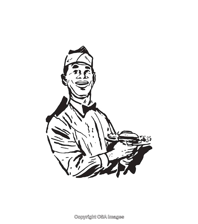 Illustration of Retro Chef Holding a Plate with Burger and Fries