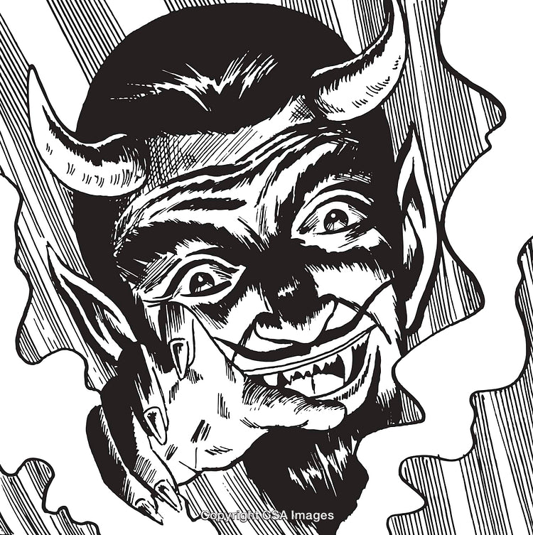 Black-and-White Illustration of a Devilish Grinning Demon with Horns